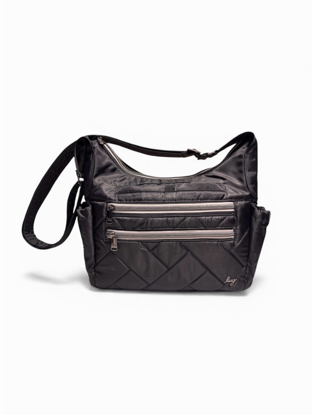 lug Quilted Black Shoulder Crossbody Bag with Front Zippers